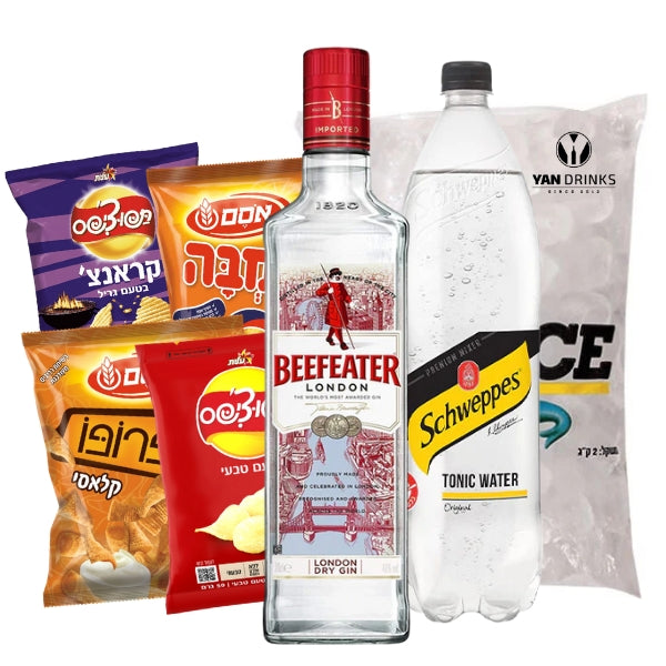 מארז ג'ין ביפיטר 700 מ״ל | 1 מי טוניק 1.5 ליטר | שקית קרח 2 ק״ג | 3 חטיפים