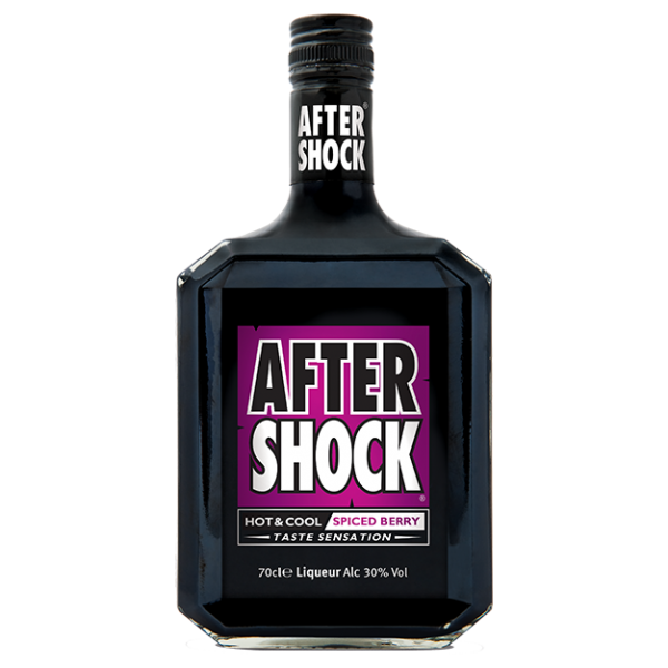 אפטר שוק שחור 700 מ״ל ליקר חריף ומתובל בבקבוק מעוצב עם לוגו סגול ולבן