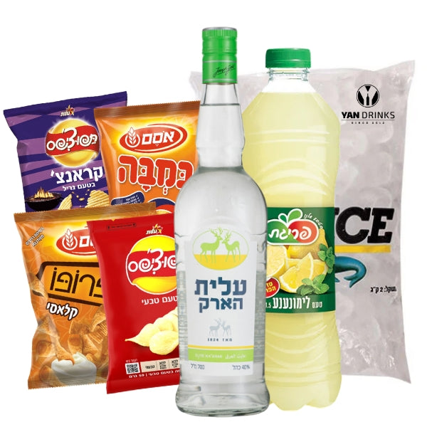 מארז ערק עלית 700 מ״ל | שקית קרח | 1 לימונענע 1.5 ליטר | 3 חטיפים
