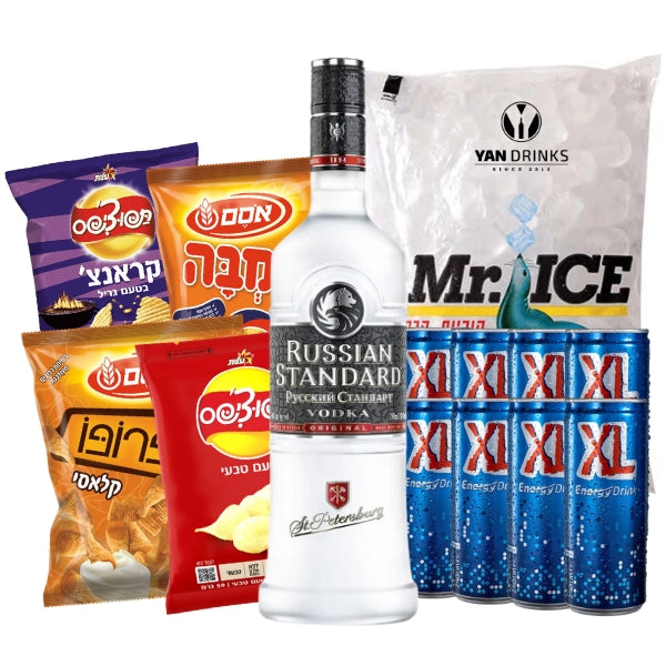 מארז רוסקי 1 ליטר | 8 פחיות אקסל | שקית קרח 2 ק״ג | 3 חטיפים