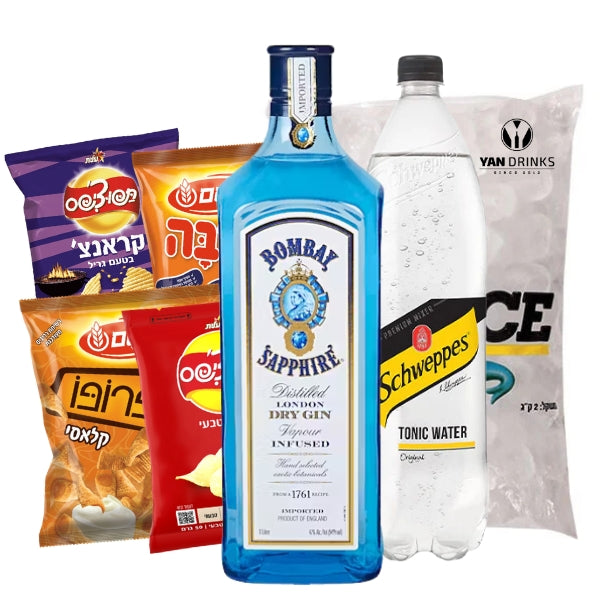 מארז בומביי ספייר 1 ליטר | 1 מי טוניק 1.5 ליטר | קרח 2 ק״ג | 3 חטיפים