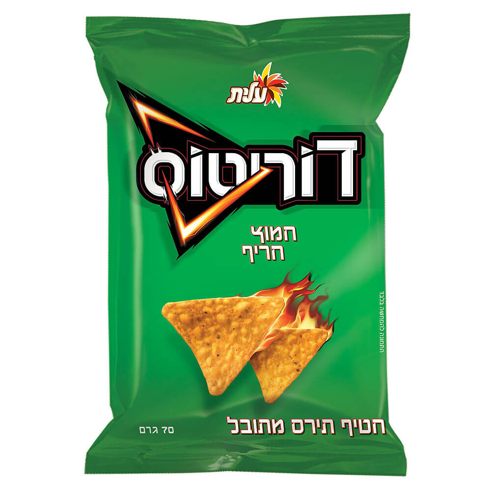 אריזת חטיף דוריטוס נישנושים ירוקה לוגו משולש חריפות ותיבול קריספי