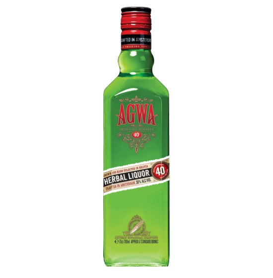 בקבוק ליקר צמחים אגווה דה בוליביה 700 מ''ל באבקו ירוק בהיר במרכז תווית AGWA צ'נווה בוליביאנה