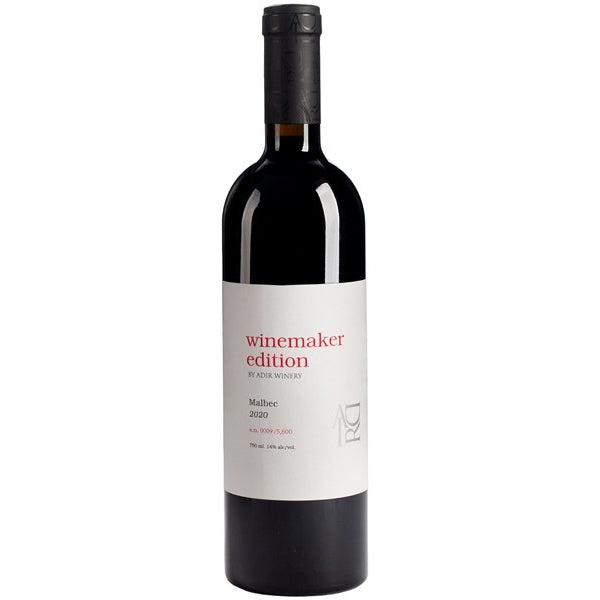 בקבוק אדיר וויין מייקר מלבק 750מ''ל יין אדום עם תווית שחורה לבנה ואפורה עיצוב אלגנטי