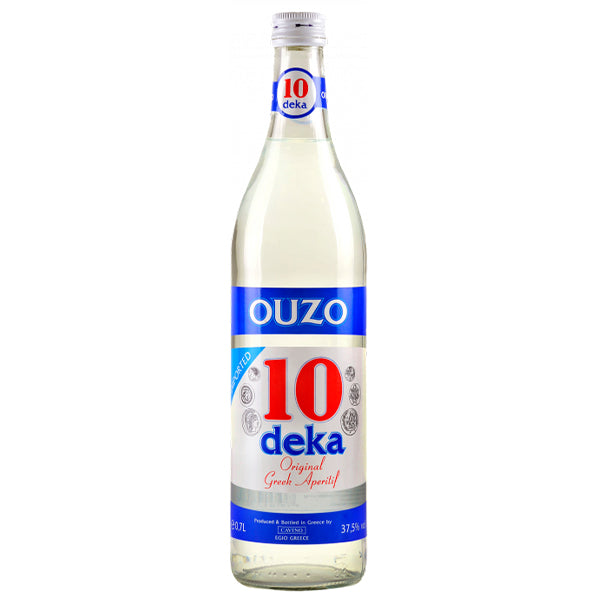 בקבוק אוזו דקה 10 700 מ''ל קבינו עם תווית בצבעים לבן וכחול - חוויית אניס אותנטית|בקבוק אוזו רומיוס 700 מ''ל קבינו אניס חותמת איכות 'ISW' תווית כחול ולבן