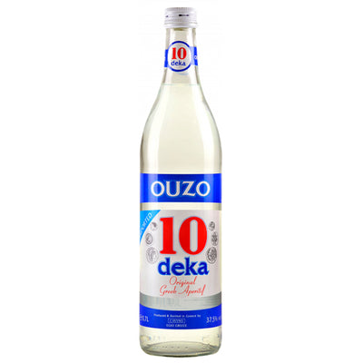 בקבוק אוזו דקה 10 700 מ''ל קבינו עם תווית בצבעים לבן וכחול - חוויית אניס אותנטית|בקבוק אוזו רומיוס 700 מ''ל קבינו אניס חותמת איכות 'ISW' תווית כחול ולבן