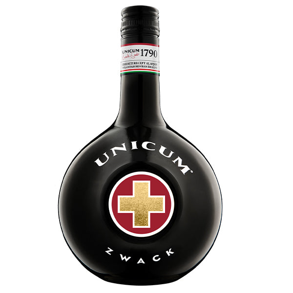 בקבוק אוניקום צוואק 700 מ''ל - ליקר אפריטיף/דיז'סטיף בעיצוב ייחודי שחור עם לוגו צלב לבן ואדום