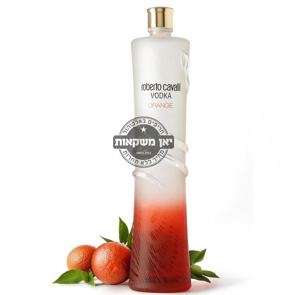 בקבוק וודקה רוברטו קוואלי תפוז 1 ליטר מעוצב ואלגנטי צבעוני עם טעם תפוז ולידו שני תפוזים