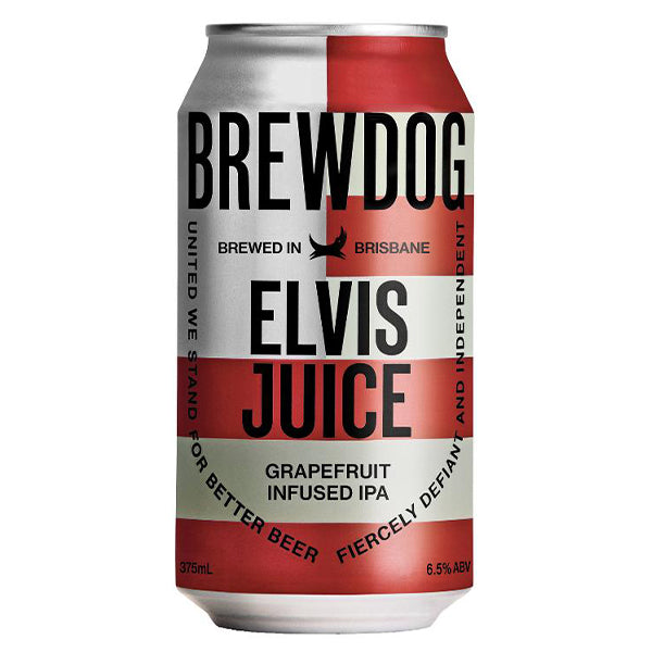 פחית בירה ברודוג אלביס ג'וס 330 מ''ל עם עיצוב אדום ולבן ע''י BREWDOG|בקבוק בירה ברודוג אלביס ג'וס עם תווית שחורה לבנה וכתומה 330 מ''ל