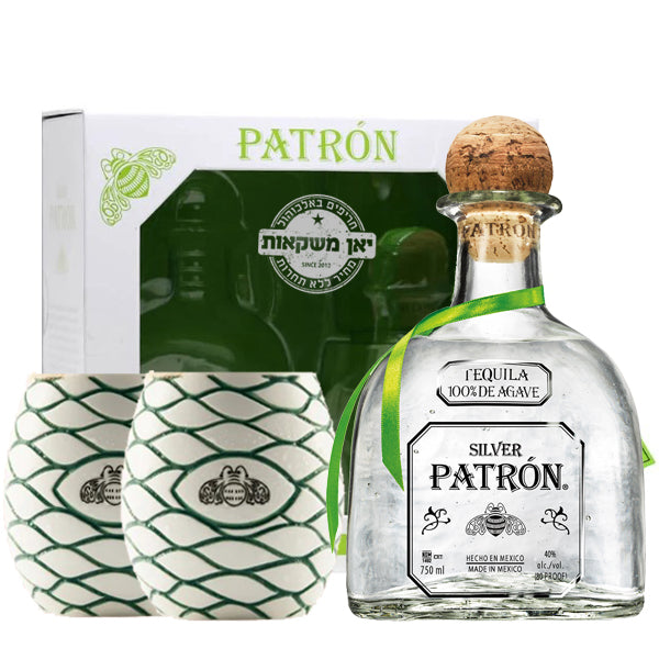 בקבוק פטרון סילבר 700 מ''ל ושתי כוסות טיקי מארזי אלכוהול מיוחדים - יאן משקאות אילת