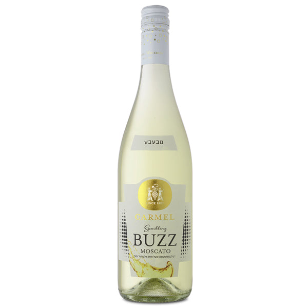 בקבוק באזז מוסקט 750 מ''ל כרמל - יין לבן מבעבע מעמק יזרעאל עיצוב אופנתי ולוגו של היצרן