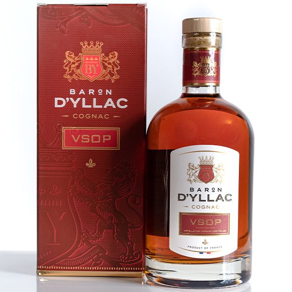 קוניאק ברון דילאק VSOP 700 מ''ל קופסא מתאימה עיצוב אלגנטי באדום וזהב סמל תואר אצולה ומגן