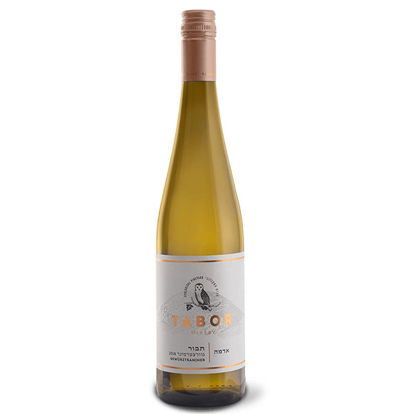בקבוק יין לבן תבור אדמה גוורצטרמינר 750 מ''ל עם תווית אלגנטית ועז בעיגול
