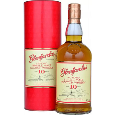 בקבוק ויסקי Glenfarclas Highland Single Malt Scotch Whisky בתוך קופסה צבעונית אדומה גלנפרקלס 10 שנים 700 מ''ל