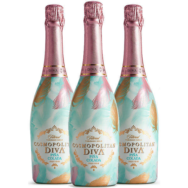 שלושה בקבוקי שלישיית דיווה פינקולדה 750 מ''ל יין קינוח ושמפניה טעמי פינה קולדה עיצוב טורקיז-זהב על רקע ורוד - Shopping IL
