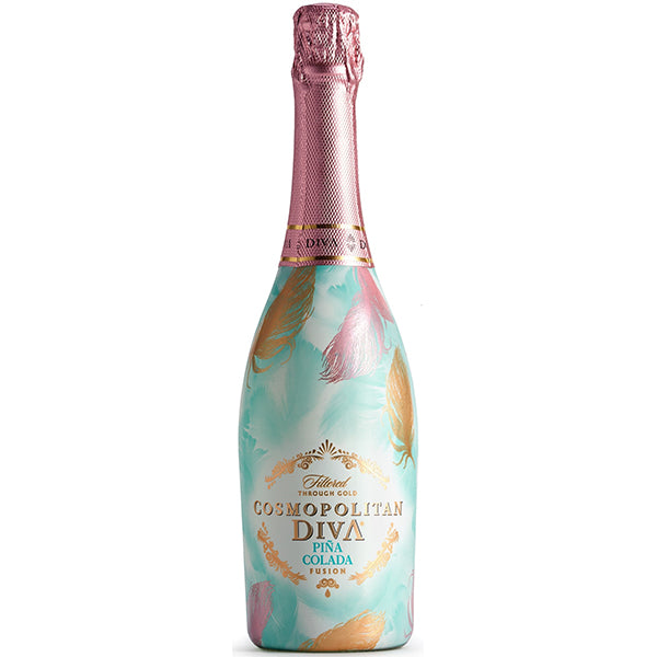 בקבוק דיווה פינקולדה 750 מ''ל בעיצוב אלגנטי לחתונה ואירועים מבעבע וחזק|שלושה בקבוקי שלישיית דיווה פינקולדה 750 מ''ל יין קינוח ושמפניה טעמי פינה קולדה עיצוב טורקיז-זהב על רקע ורוד - Shopping IL