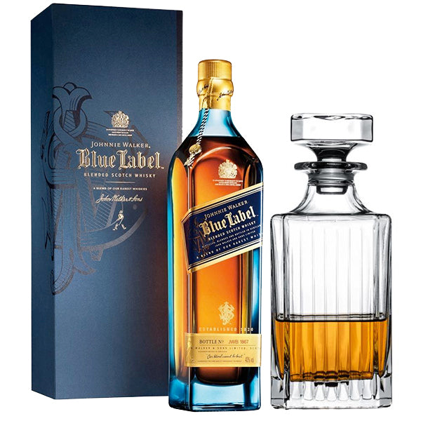 וויסקי ג'וני ווקר בלו לייבל 700 מ''ל באריזה יוקרתית ודיקנטר מהודר - יאן משקאות אילת בע''מ