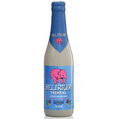 בקבוק בירה דליריום טרמנס 330 מ''ל תווית בצבעים כחול וורוד עם דמות פיל ורוד וכיתוב 'STRONG BLOND BEER'
