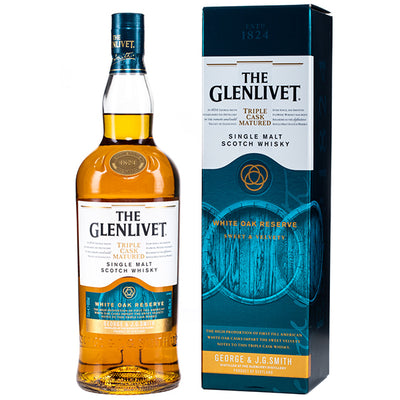 בקבוק וויסקי סינגל מאלט גלנליווט וויט אוק 1 ליטר מעוצב תווית כחולה ולבנה