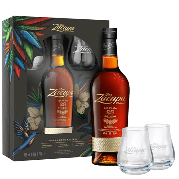 מארז πשוקאל מותג רום זקאפה 23 700 מ''ל + 2 כוסות בקבוק וכוסות בתוך קופסה עם ציורים טרופיים|