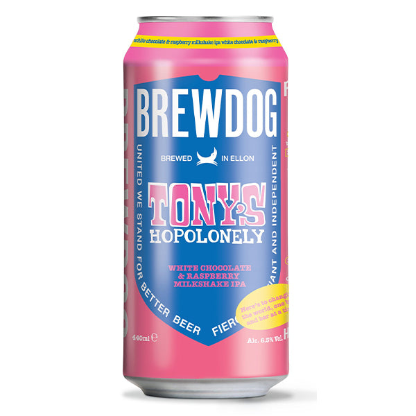 פחית בירה ברודוג טוני'ס הופולוני 440 מ''ל - IPA עם טעמים שוקולד לבן ופטל אלכו 6.5% עיצוב ורוד וכחול