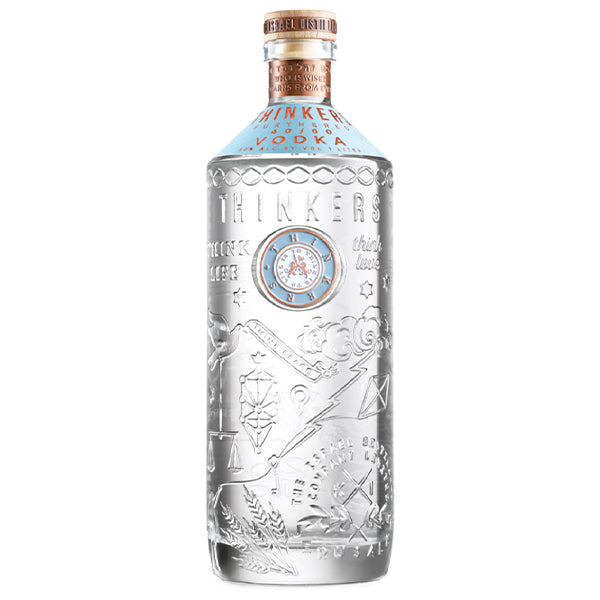 בקבוק ת'ינקרס 1 ליטר וודקה עבור אלכוהול לחתונה ואירועים עם עיצוב תכלת וקומפס מודפס בכסף