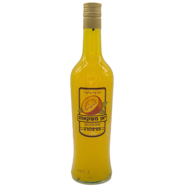 בקבוק ערק פסיפלורה יאן משקאות 750 מ''ל בעיצוב פשוט עם רקע צהוב וכתובות שחורות