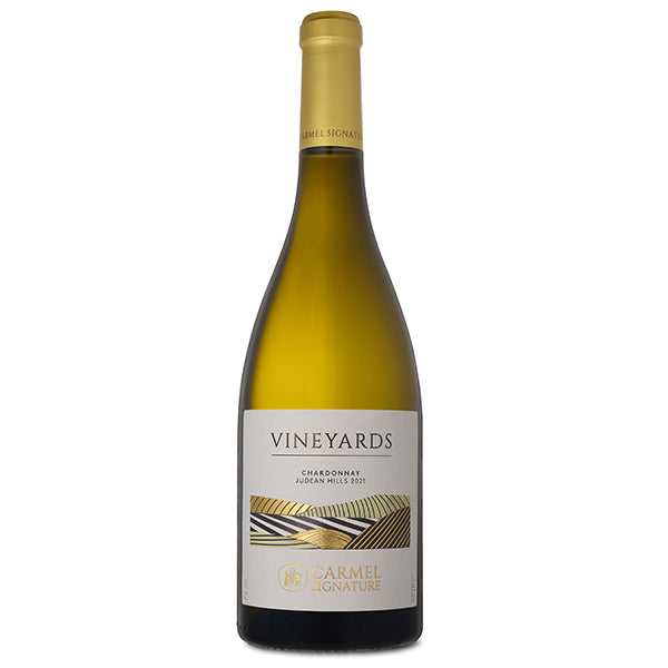 בקבוק יין לבן כרמל ויניארד שרדונה 750 מ''ל - סדרת CARMEL SIGNATURE עם תווית נויטרלית וקווים זהבים