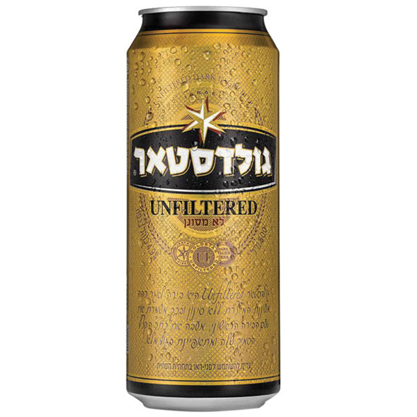 פחית בירה גולדסטאר לא מסונן 500 מ''ל בצבע זהב עם טיפות רטיבות