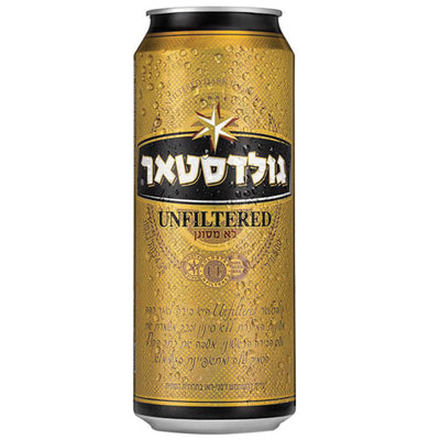 פחית בירה גולדסטאר לא מסונן 500 מ''ל בצבע זהב עם טיפות רטיבות