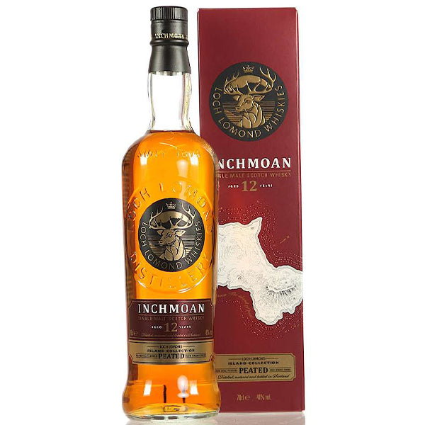 בקבוק וויסקי לוך לומונד 12 שנים פיטד 700 מ''ל עיצוב כתום-שחור קופסא ורוד-כהה מהמותג Inchmoan