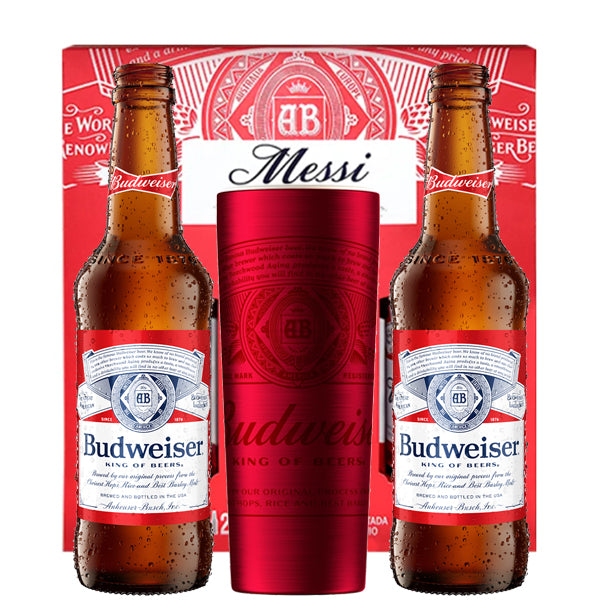 מארז חמישיית בירה באדוויזר 330 מ''ל + כוס באדוויזר לאגר וגביע ספורטיבי 'Messi'