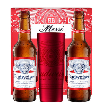מארז חמישיית בירה באדוויזר 330 מ''ל + כוס באדוויזר לאגר וגביע ספורטיבי 'Messi'