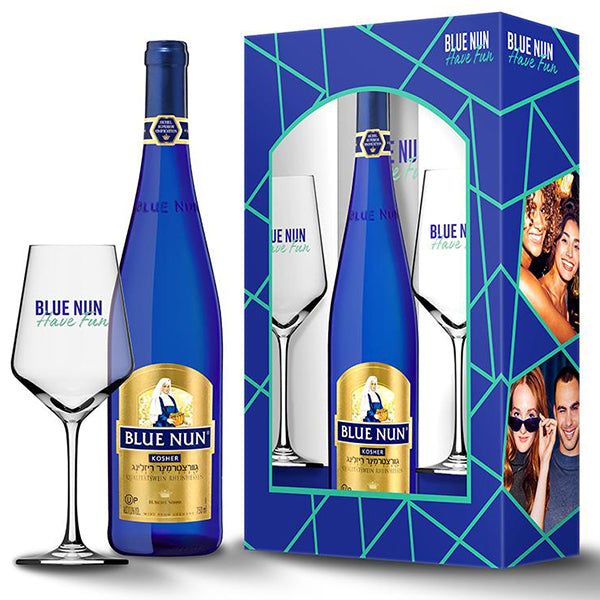 מארז מתנה של בלו נאן יין לבן 750 מ''ל כשר עם 2 כוסות - קניות באילת