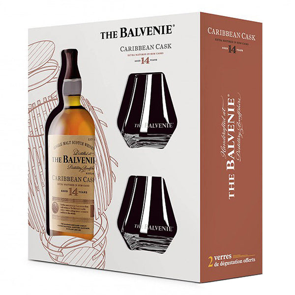 מארז וויסקי בלוויני 14 שנה קריביאן קאסק 700 מ''ל +2 כוסות מינוני אלכוהל לטעימה משובחת