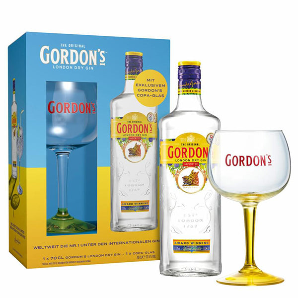 מארז גורדון 700 מ''ל + כוס ג'ין מהודרת מבית גורדונס באריזת יוקרה בצבעי כחול וצהוב