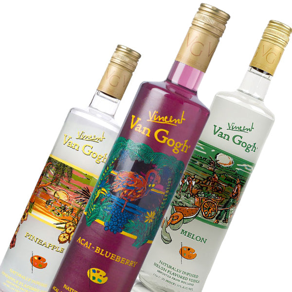 ואן גוך טעמים ליטר במבצע 12 בקבוקים אלכוהול לחתונה ואירועים Shopping IL בקבוקים בגווני לבן וסגול עם תוויות פינה ואקאי-כחולת||