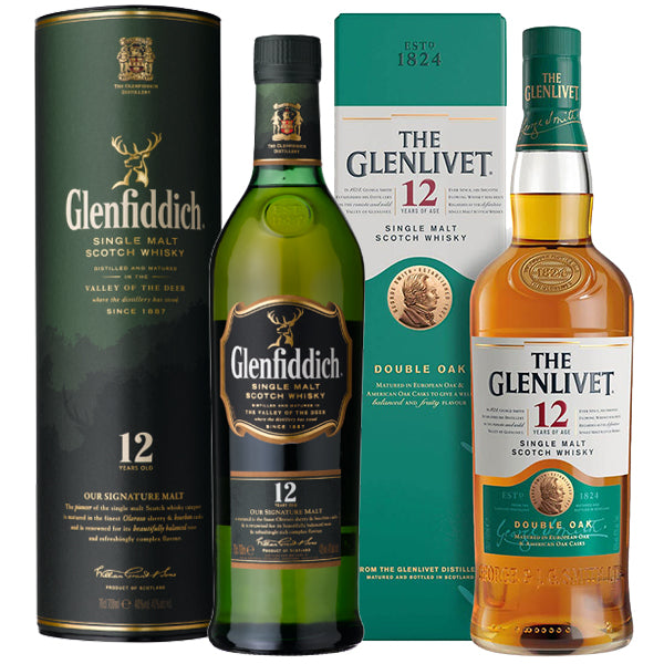 בקבוקי וויסקי גלנפידיך 12 שנה 700 מ''ל וגלנליווט 12 שנה 750 מ''ל עם קופסאות מיוחדים ביאן משקאות אילת