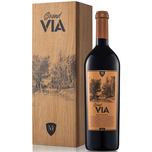 בקבוק יין מוני גראנד ויה 750 מ''ל יין אדום אריזה מעוצבת כרם ועצים|