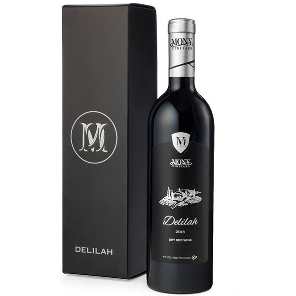 בקבוק מוני דלילה 750 מ''ל יין אדום יבש משנת 2013 עם תווית שחורה מודרנית|