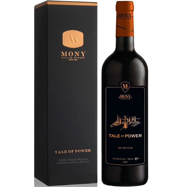 בקבוק יין מוני TALE of POWER אדום יבש על רקע אריזה מהודרת בצבעים שחור וזהב