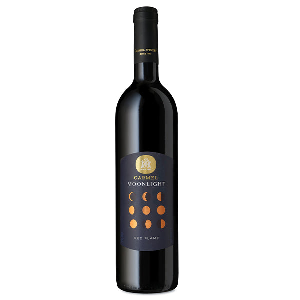בקבוק יין אדום כרמל מון לייט רד פליים 750 מ''ל עם תוויות זהב ואפקט זריחה