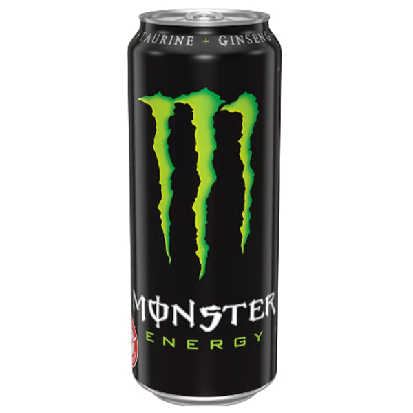 ארגז פחית מונסטר אנרג''י 500 מ''ל 24 יח' פחית צבע שחור לוגו ירוק סגול משקאות משלימים