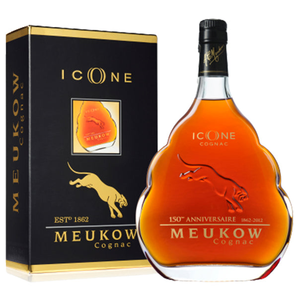 בקבוק קוניאק מיוקוב אייקון 700 מ''ל צורת עגולה ועיטור פנתר בזהב ואדום