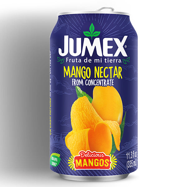 ארגז פחיות נקטר מנגו ג'ומקס 335 מ''ל רקע כחול ופרי מנגו צהוב יאן משקאות