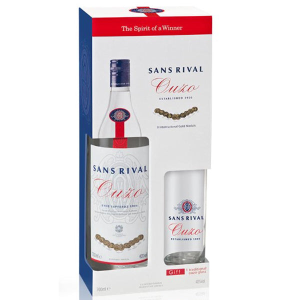 אוזו סאן ריבל 700 מ''ל + כוס מארז אלכוהול יווני מעוטר מדליות זהב חברת סאן ריבל