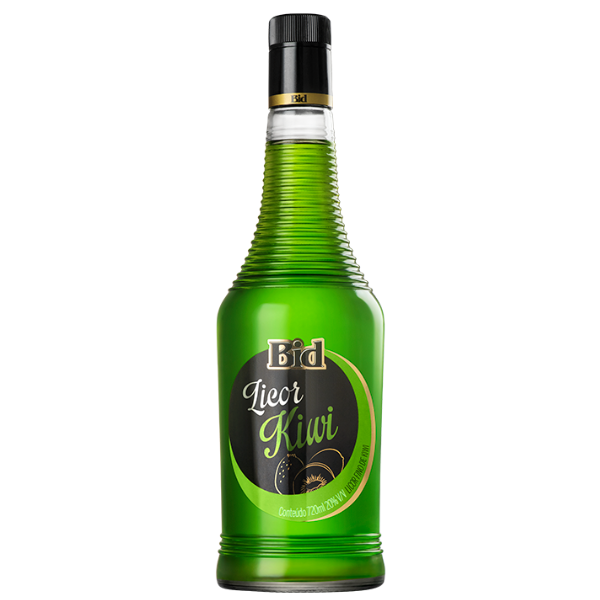 בקבוק ליקר ביד קיווי 720 מ''ל בעיצוב רטרו עם גוף חרוט ותווית 'B&D Licor Kiwi'