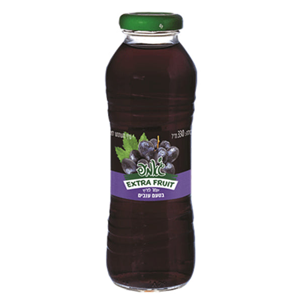 בקבוק ענבים פרימיום ג'אמפ 330 מ''ל נוזל כהה בתוך בקבוק שקוף עם תווית EXTRA FRUIT ועיצוב סגול-ירוק