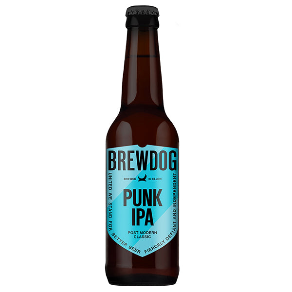 בקבוק בירה ברודוג IPA 330 מ''ל תווית תכלת-לבן לוגו BrewDog