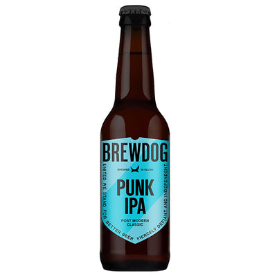 בקבוק בירה ברודוג IPA 330 מ''ל תווית תכלת-לבן לוגו BrewDog